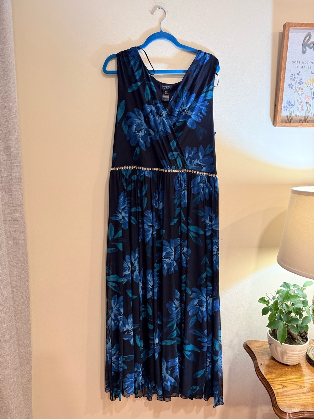Enfocus Studio Black and Blue Floral Maxi Dress with Beaded Waist